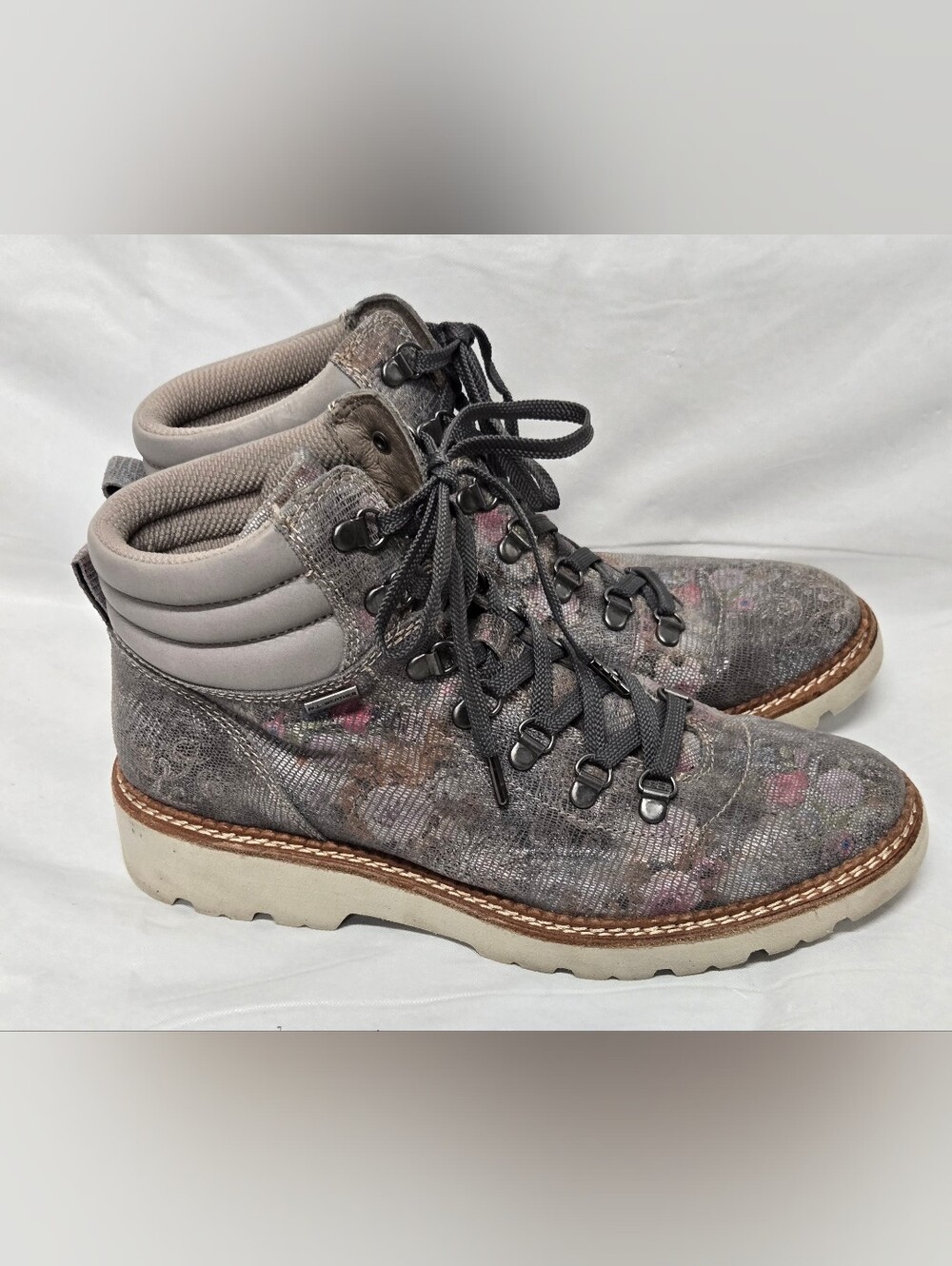 Bionica With Ortholite Dezi 9.5 Lace Up Ankle Boots All Weather Gray Floral